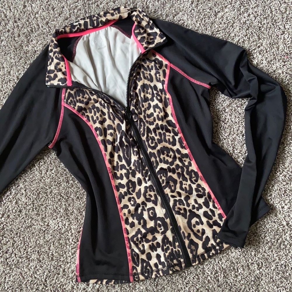 Leopard print zip up workout light jacket black hot pink